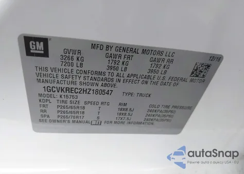 2017 Chevrolet Silverado 1500 2Lt из США, поврежденный, VIN 1GCVKREC2HZ180547